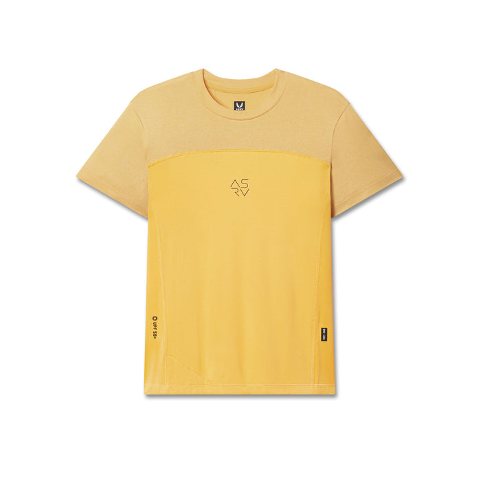 AEROSILVER UPF50+ Run Tee in amber yellow, front view on flatlay