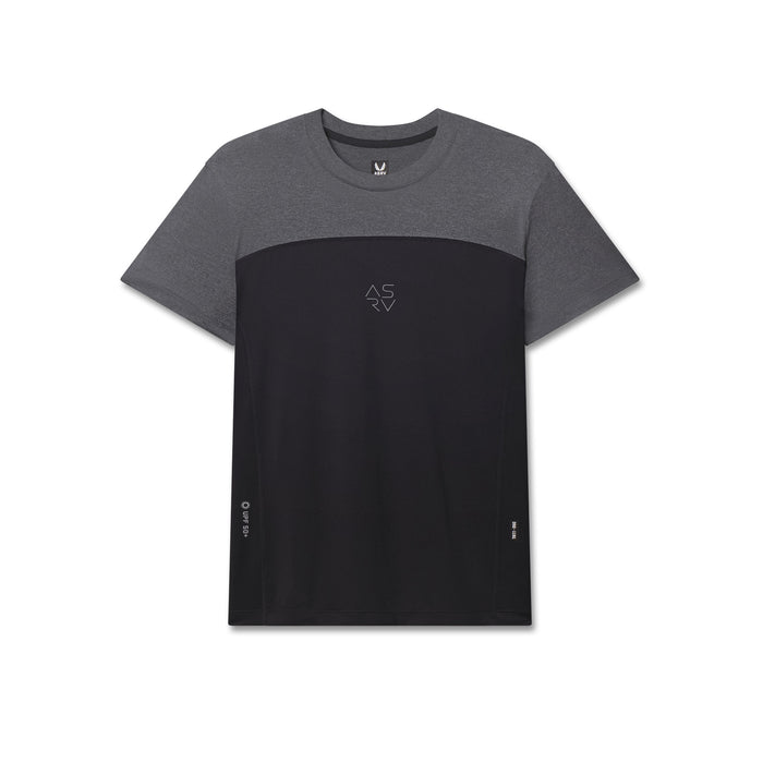 Flatlay of AEROSILVER UPF50+ Run Tee in black and gray colorblock, front view