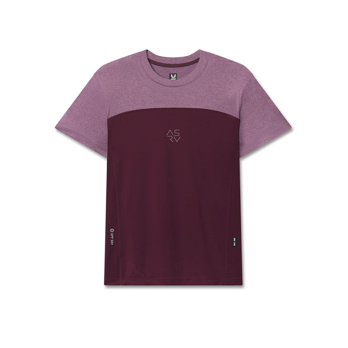 AEROSILVER® UPF50+ Run Tee in merlot and mauve colorblock, front view on model flatlay