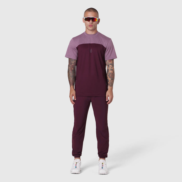 AEROSILVER® UPF50+ Run Tee in merlot and mauve colorblock, worn by model standing against white background