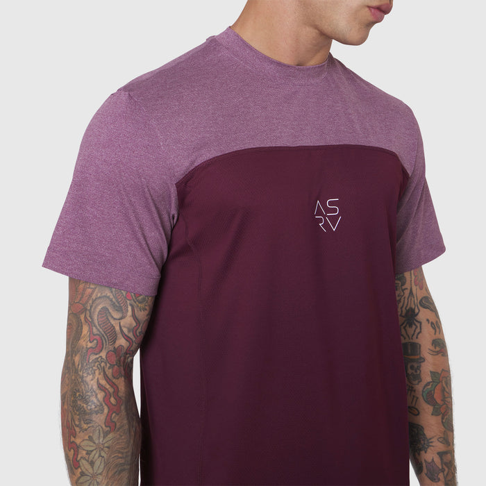 AEROSILVER® UPF50+ Run Tee in merlot and mauve colorblock, worn by model showing front