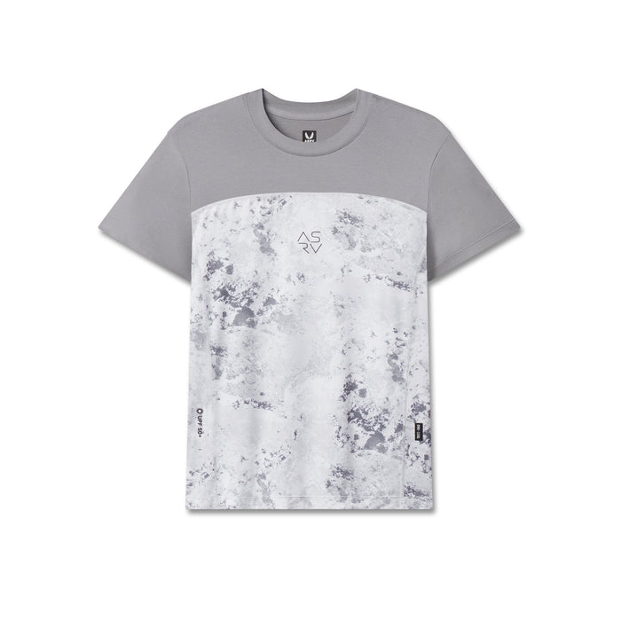 AEROSILVER® UPF50+ Run Tee in gray and white snow camo, front view on dress form flatlay