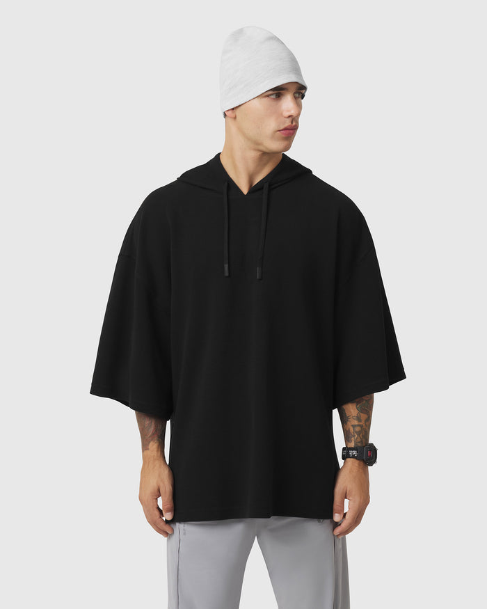 1204. Tech-Waffle™ Short Sleeve Oversized Hoodie - Black