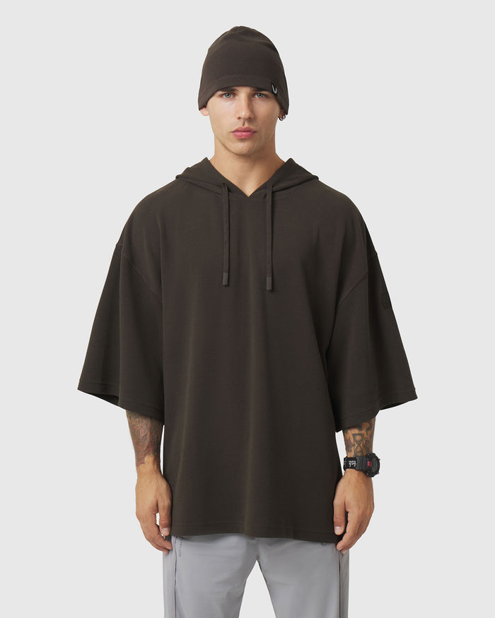 1204. Tech-Waffle™ Short Sleeve Oversized Hoodie - Dark Earth