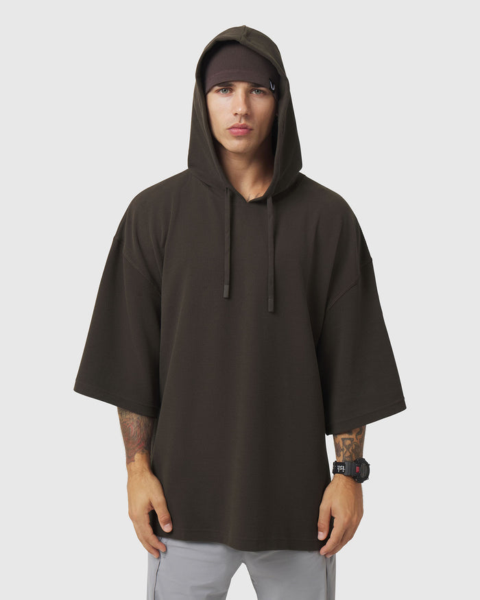 1204. Tech-Waffle™ Short Sleeve Oversized Hoodie - Dark Earth