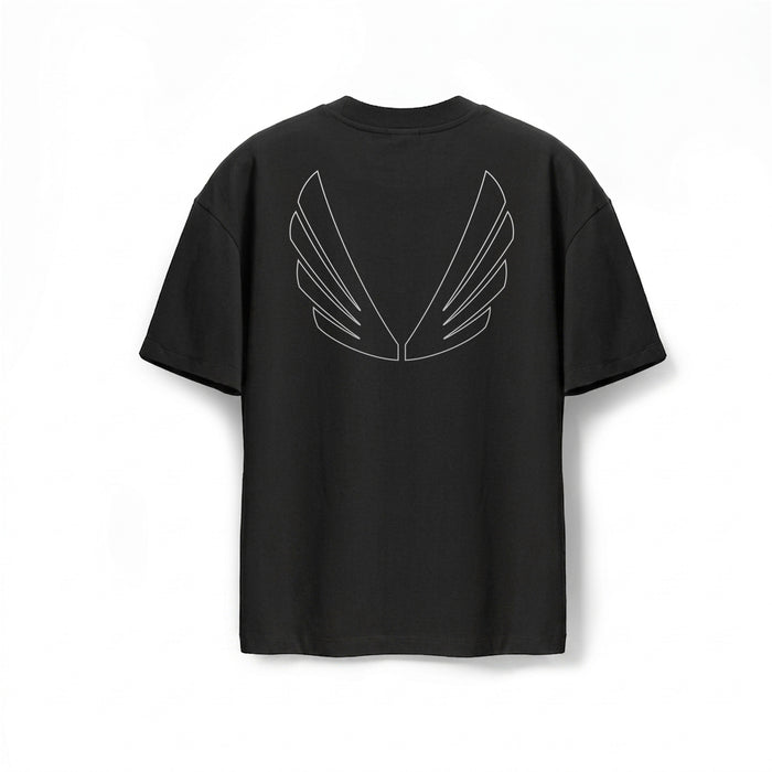 flatlay back view of Tech Essential™ Oversized Boxy Tee in Black with Growth wing graphic print