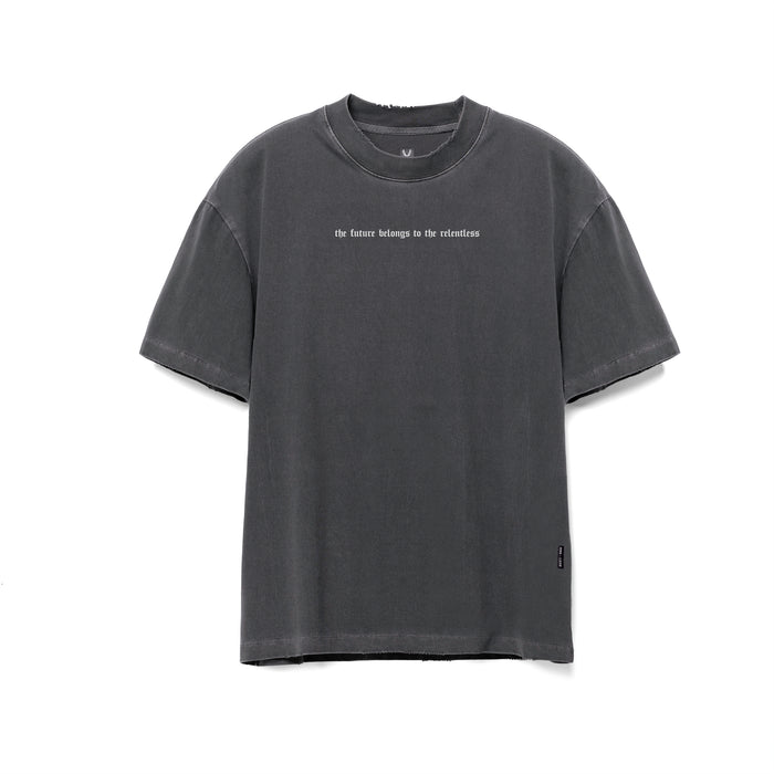 flatlay front view, Tech Essential Oversized Boxy Tee in Faded Grey with "Future" text graphic print