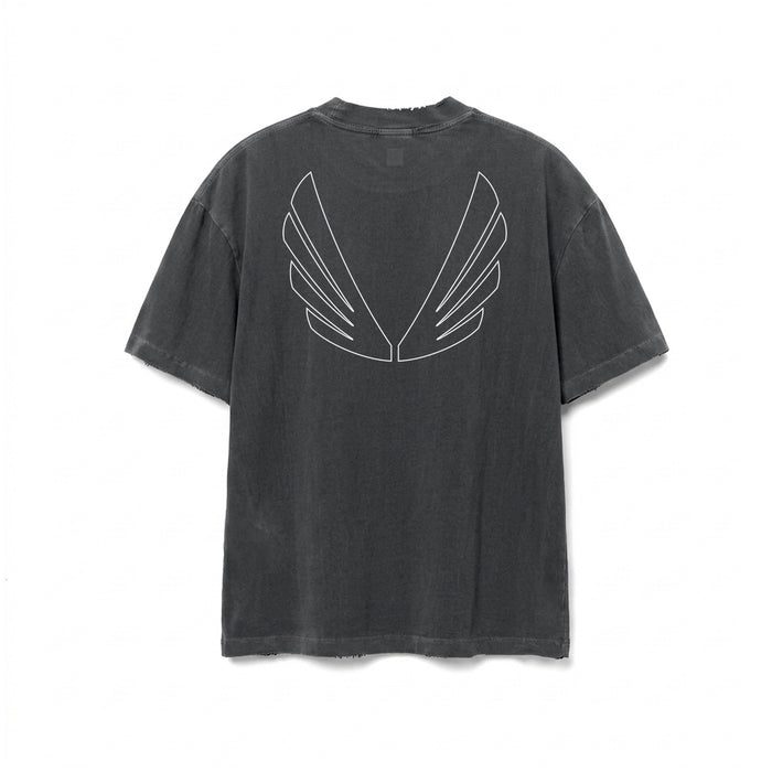 flatlay back view of oversized boxy tee in faded grey with wing graphic print