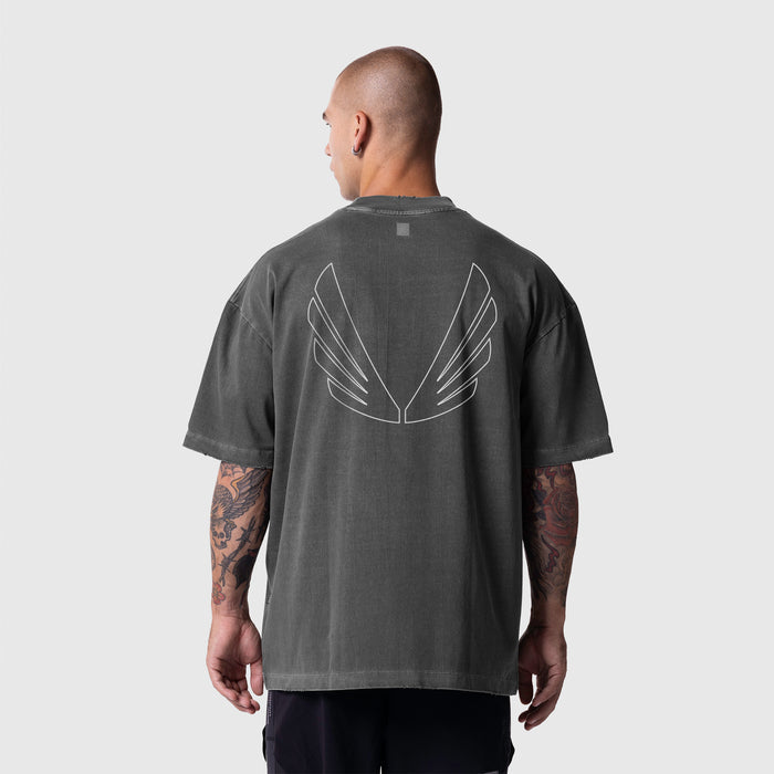 Model wearing back view, ASRV Tech Essential Oversized Boxy Tee in Faded Grey with winged graphic design