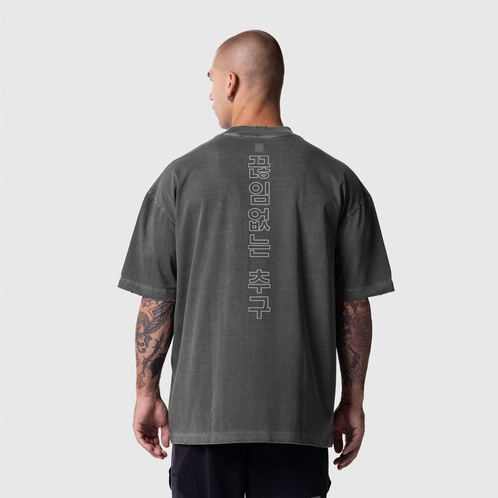 Model wearing back view ASRV Tech Essential Oversized Boxy Tee in Faded Grey with Korean characters print