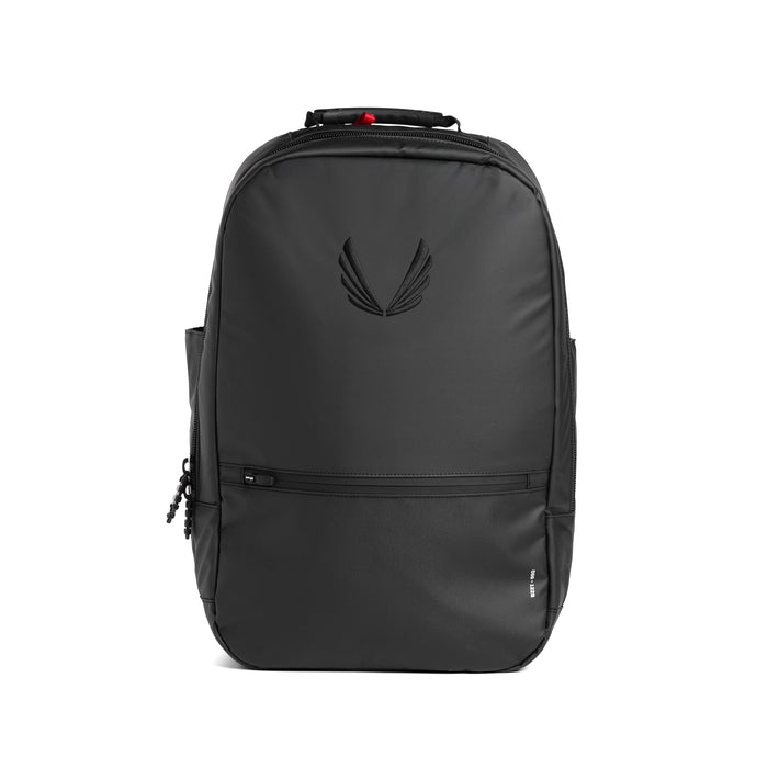 Flatlay water resistant travel backpack 30L in black, front view