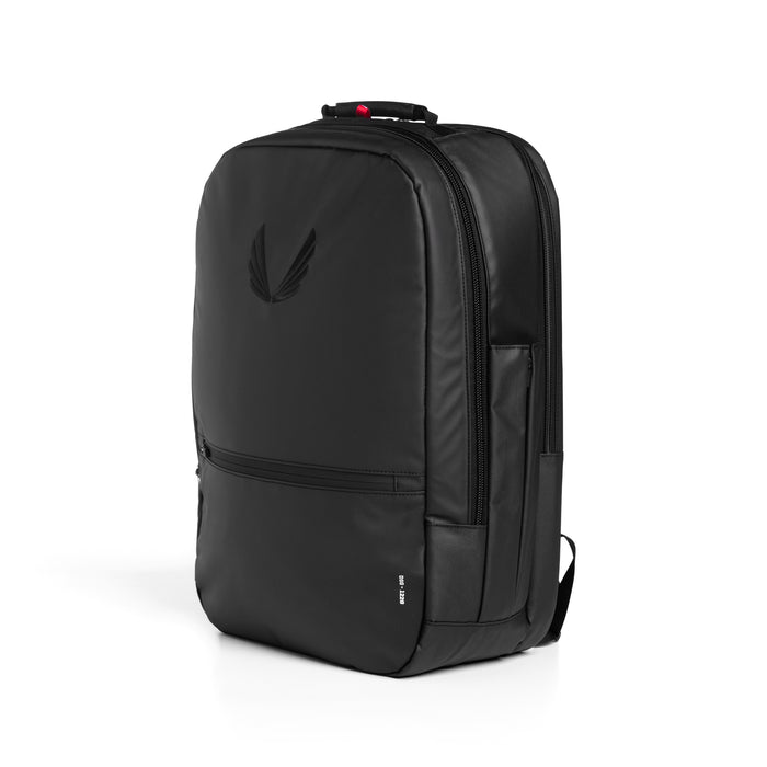 Flatlay water resistant travel backpack 30L in black, front view