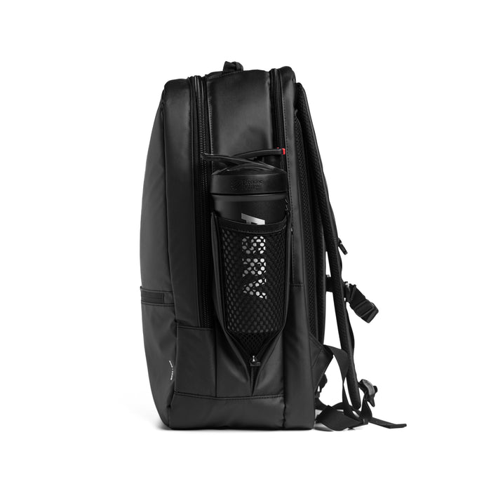 Flatlay Water Resistant Travel Backpack 30L in black, side view