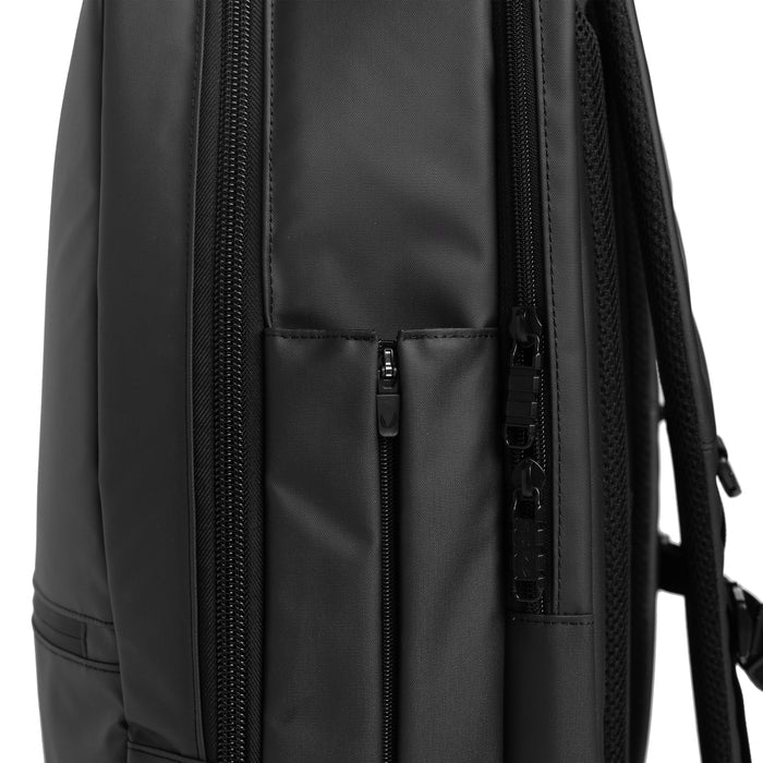 Flatlay Water Resistant Travel Backpack 30L in black, back detail view