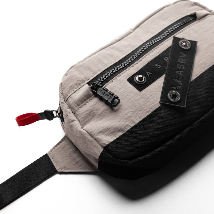 Flatlay 1231 Ripstop Crossbody Bag in Chai and black, top view