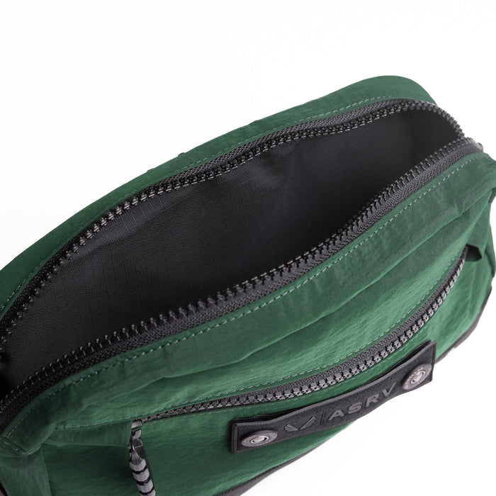 Flatlay 1231 Ripstop Crossbody Bag in Forest Green, open interior view