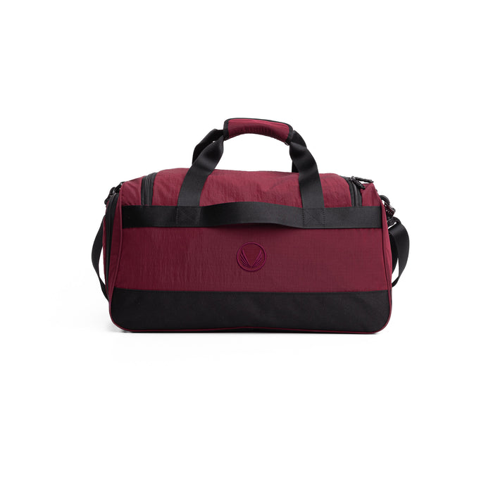 Flatlay 1234 Ripstop Duffle Bag in crimson and black, front view