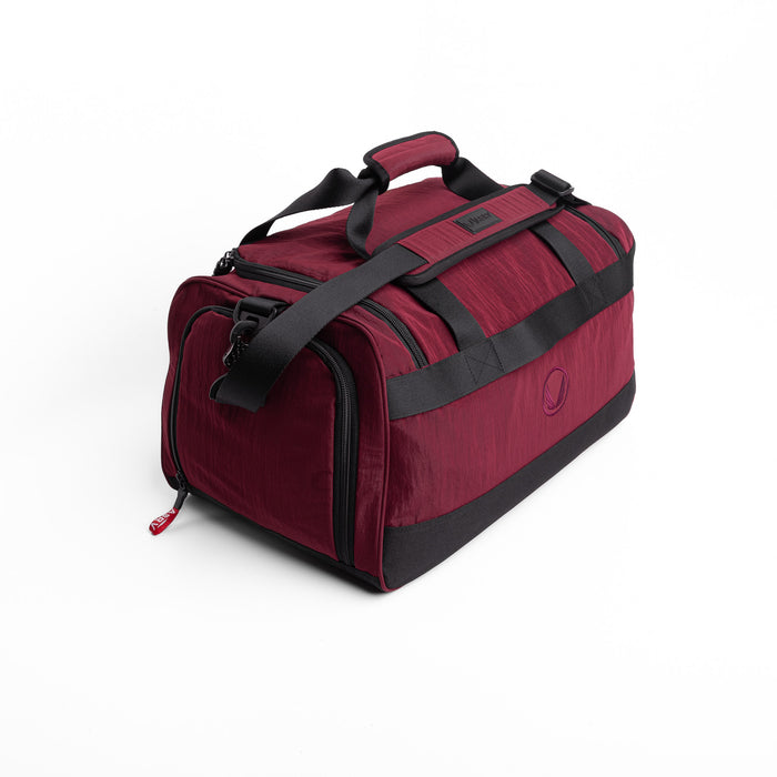 Flatlay 1234 Ripstop Duffle Bag in Crimson, angled view