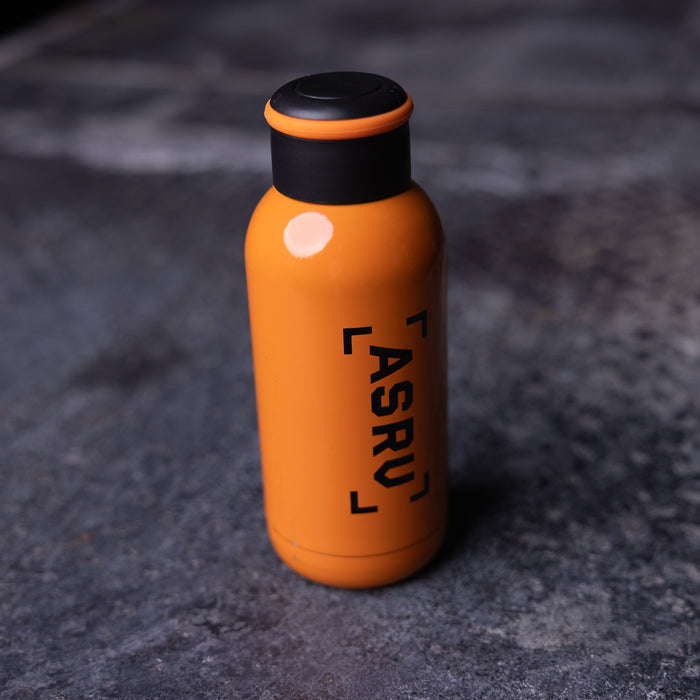 flatlay ASRV 2017 Training Division water bottle in orange, front view