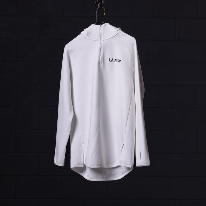 White ASRV Scuba Hoodie displayed on hanger, back view showing logo and full-length sleeves