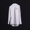 White ASRV Scuba Hoodie displayed on hanger, back view showing logo and full-length sleeves