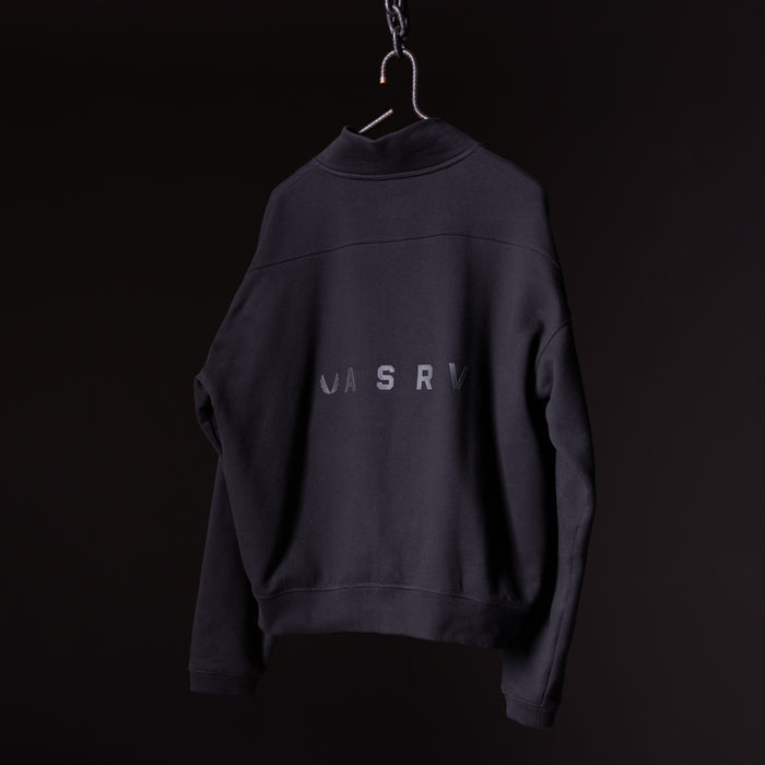 ASRV 2021 Zip Pocket Quarter Zip sweatshirt in black, displayed on hanger against dark background