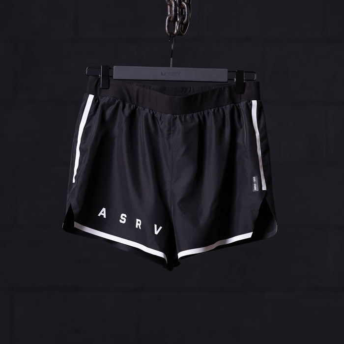 flatlay ASRV Reflective 3" Run Short in black with white trim, front view on hanger