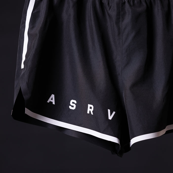 ASRV Reflective 3" Run Short in black with white reflective trim, detail shot of waistband