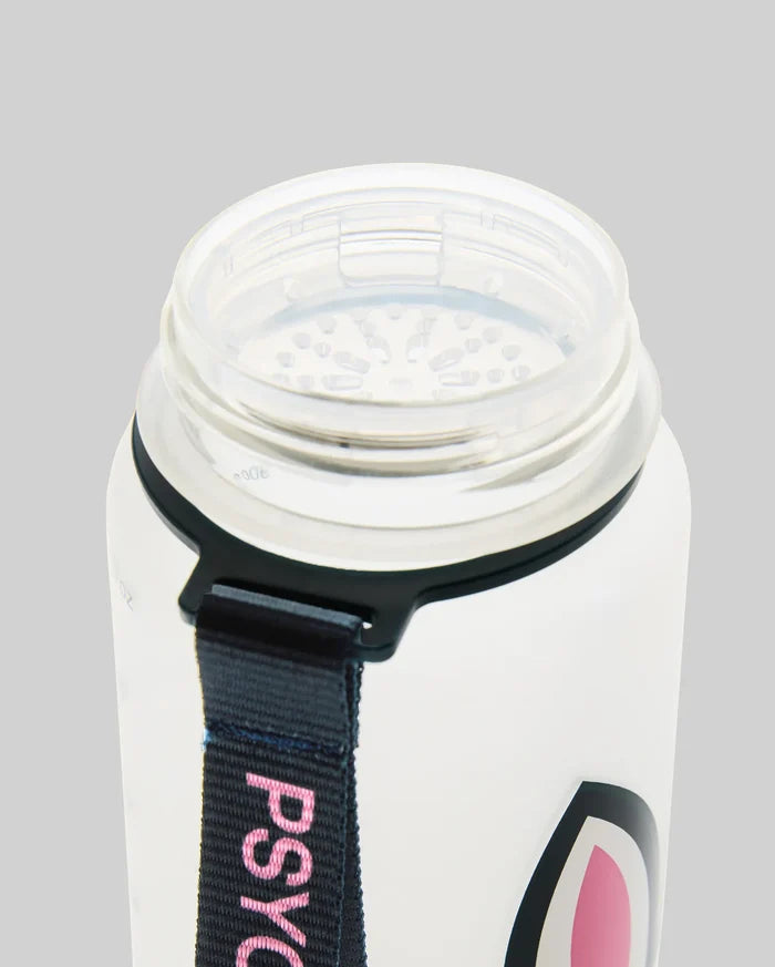 Translucent 33 Oz Water Bottle featuring a black strap with pink PSYCHO text, a clear strainer lid, and a partial black and pink Psycho Bunny skull logo.