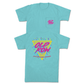 Mint t-shirt with brightly colored 90s retro 'Old Row' logo on a white background