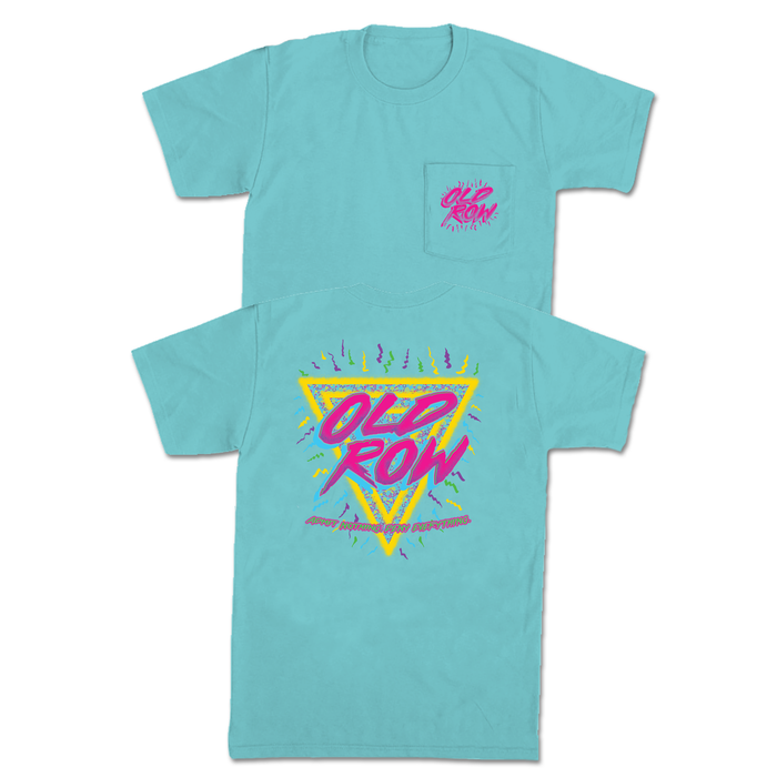 Mint t-shirt with brightly colored 90s retro 'Old Row' logo on a white background