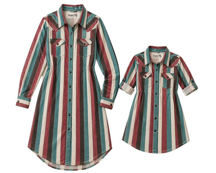 Two women's striped button-front dresses with chest pockets, shown in two sizes on a light beige textured background. The dresses feature vertical stripes in teal, burgundy, rust, and cream.