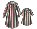 Two women's striped button-front dresses with chest pockets, shown in two sizes on a light beige textured background. The dresses feature vertical stripes in teal, burgundy, rust, and cream.