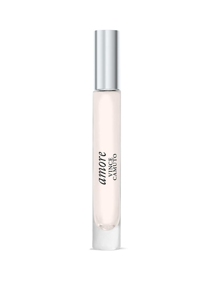 A clear glass rollerball labeled "amore" by Vince Camuto stands upright on a white background, capturing the essence of sparkling fruits and sensual sandalwood. This is the Amore 0.2 oz Eau de Parfum Rollerball.