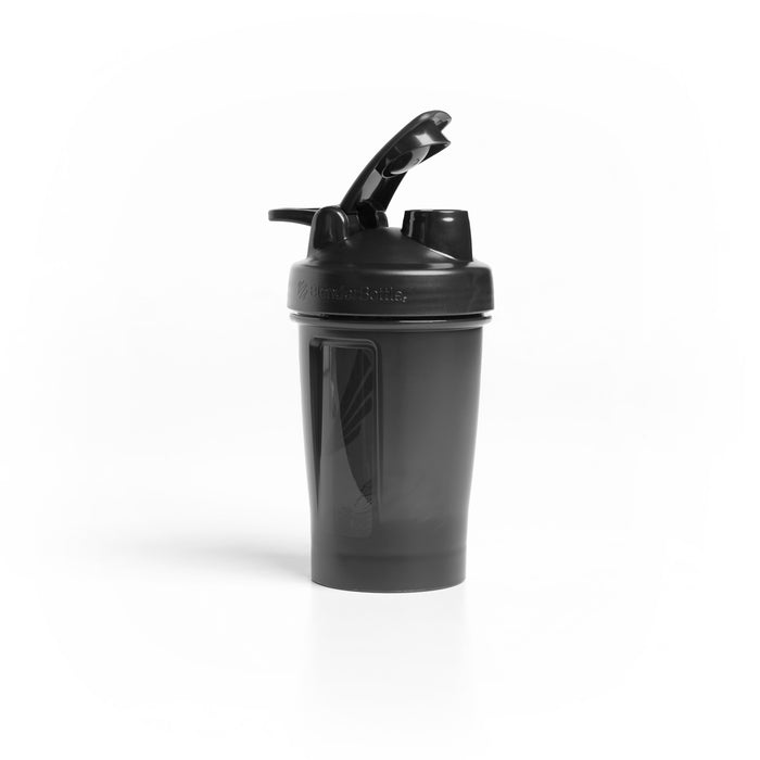 flatlay ASRV x Blender Bottle Mini Plastic Shaker in black with Wings design, front view