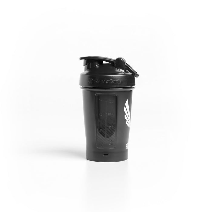 flatlay ASRV x Blender Bottle Mini Plastic Shaker in black with wings logo, front view