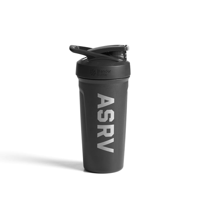 flatlay ASRV x Blender Bottle Strada insulated shaker in black, front view