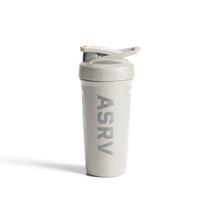 flatlay ASRV x Blender Bottle Strada insulated shaker in stone, front view