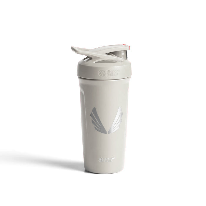 flatlay ASRV x Blender Bottle Strada insulated shaker in stone, front view