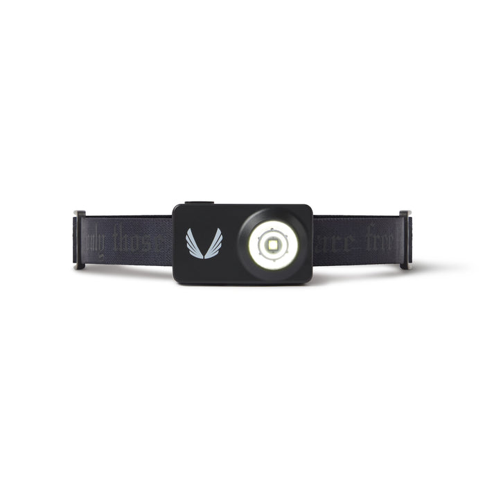 Flatlay of ASRV x Bookman Monocle headlamp in black with elastic band, front view