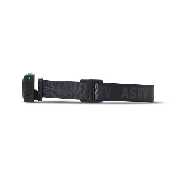 flatlay ASRV x Bookman Monocle headlamp in black, front view against white background