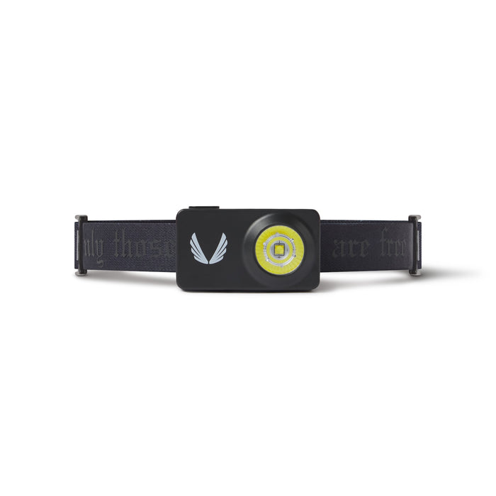 flatlay ASRV x Bookman Monocle headlamp in black with yellow LED, front view