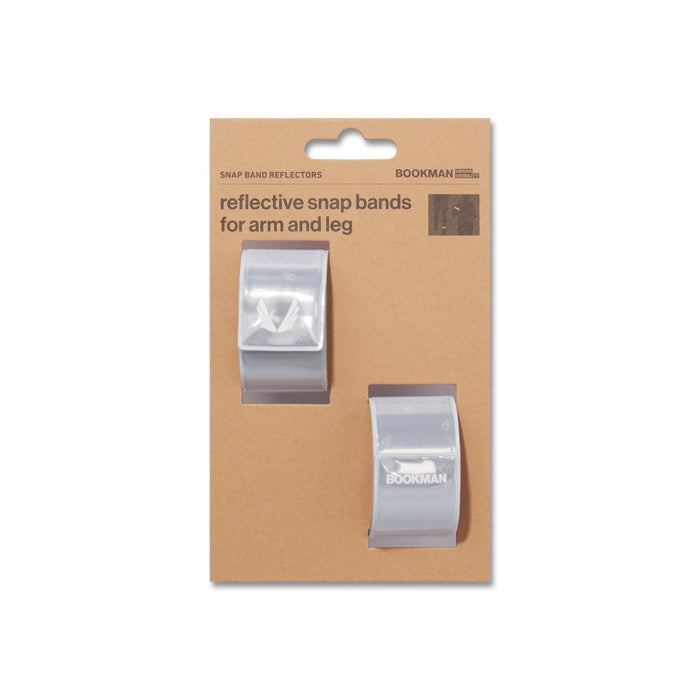 flatlay of two reflective snap bands for arm and leg in white, packaged on cardboard