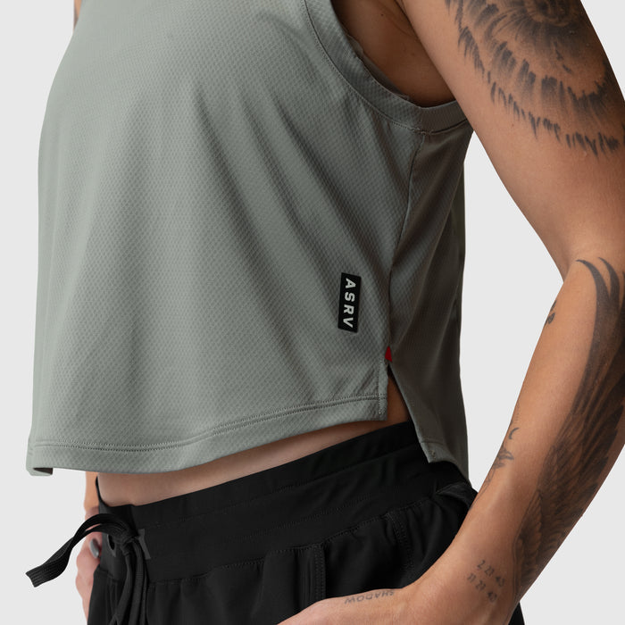 ASRV AeroSilver cropped training tank in sage, worn by model showing front view