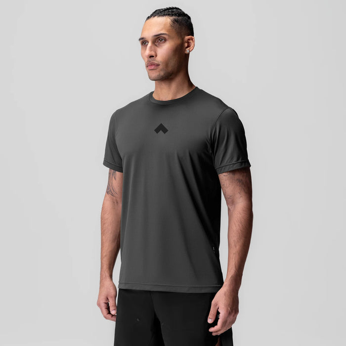 ASRV Tonal AeroSilver Essential Tee in Space Grey, worn by model, front view