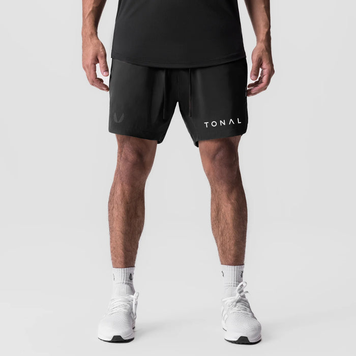 Black ASRV Tonal Tetra-Lite 7" linerless shorts worn by model, front view