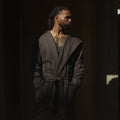 ASRV x Walden Heavyweight Robe in carbon, worn by model in profile stance