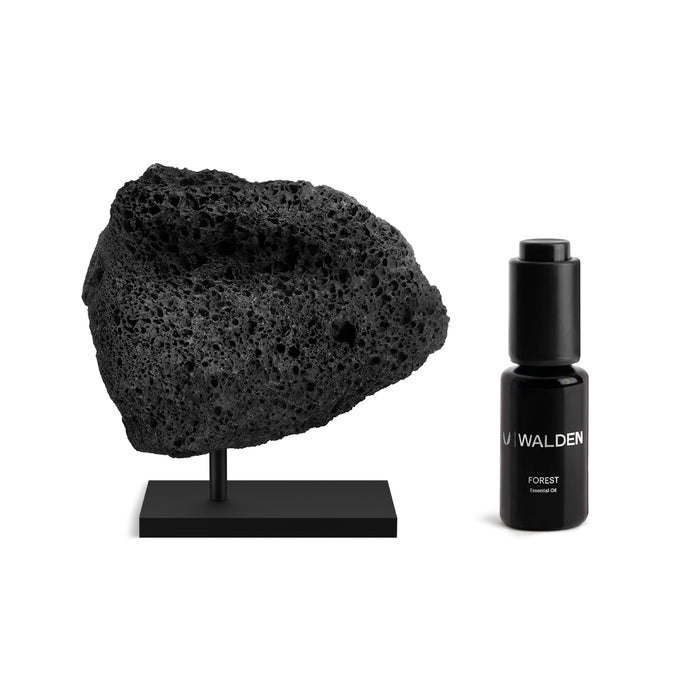 flatlay of ASRV x Walden lava rock essential oil diffuser in black with Forest oil bottle