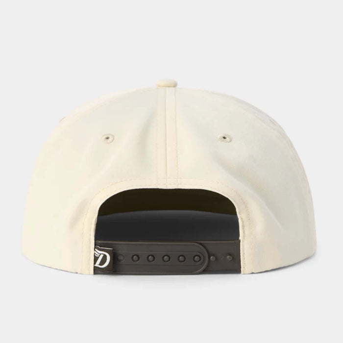 Beige cap with a black adjustable strap on a light gray background