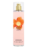 A tall, clear 8.0 oz bottle of Bella Body Mist by Vince Camuto features a gold nozzle and an orange flower design set against a peach background. The fragrance mist is beautifully infused with notes of nectarine blossom and Italian bergamot, creating a fresh and elegant scent.